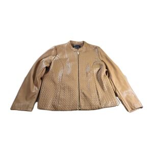 Colleen Lopez BROWN Faux Leather DIAMOND WEAVE FRONT‎ Jacket Size X-Large